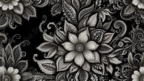 Monochrome floral paisley pattern, intricate design, seamless repeat.