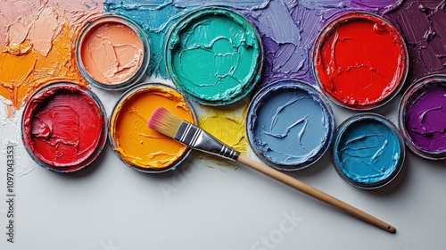 Colorful paint containers with a brush, showcasing artistic materials for creative projects.