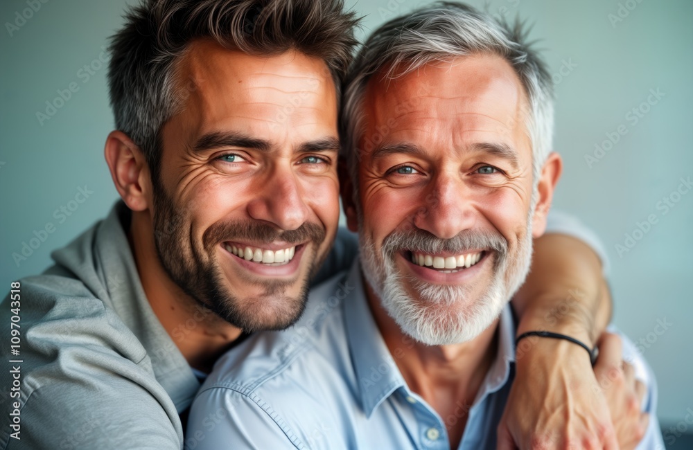 Happy middle aged father hugs adult son. Smiling men embrace. Family unity. Fathers day. Mature dad parent. Family bonding. Son shows love gratitude. Happy family portrait. Grey haired man. Adult Happy middle aged father hugs adult son. Smiling men embrace. Family unity. Fathers day. Mature dad parent. Family bonding. Son shows love gratitude. Happy family portrait. Grey haired man. Adult