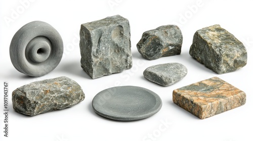A collection of various stones and a plate, showcasing different textures and shapes.
