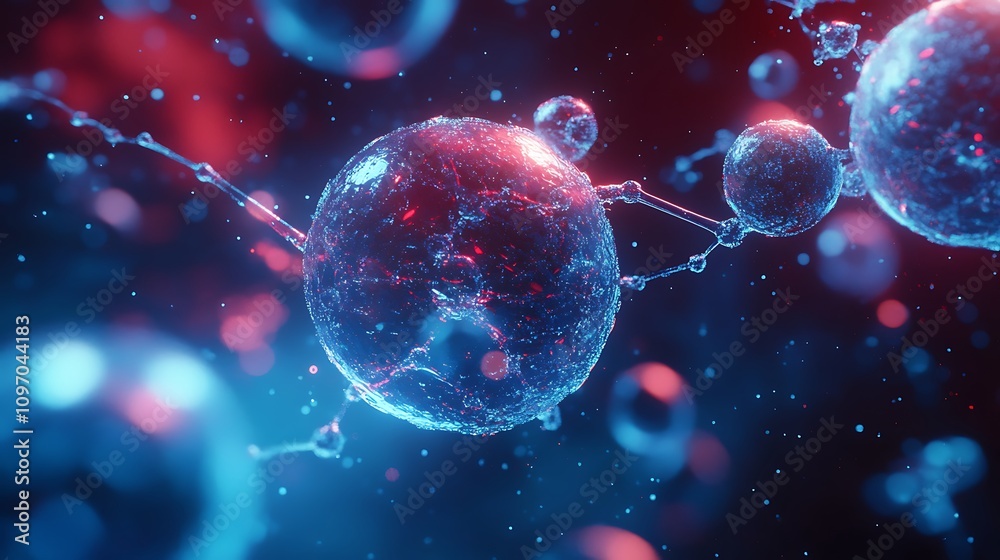 Naklejka premium Abstract molecules and vibrant blue red connections symbolizing scientific research