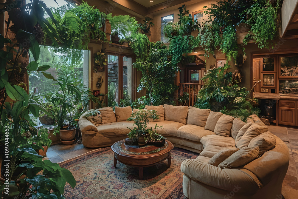 Living room with cozy furniture, indoor plants, and a coffee table Living room with cozy furniture, indoor plants, and a coffee table