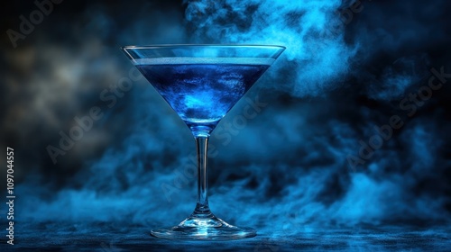 Blue cocktail in martini glass with smoke. (1)