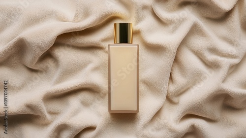 Elegant and Minimalistic Bottle of Fragrance or Cosmetic Serum Placed on Soft, Textured Fabric Background for Luxurious Product Display and Advertisement photo