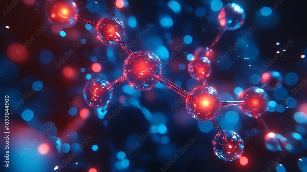 Abstract chemical molecular model in vivid blue and red with glowing connections Abstract chemical molecular model in vivid blue and red with glowing connections