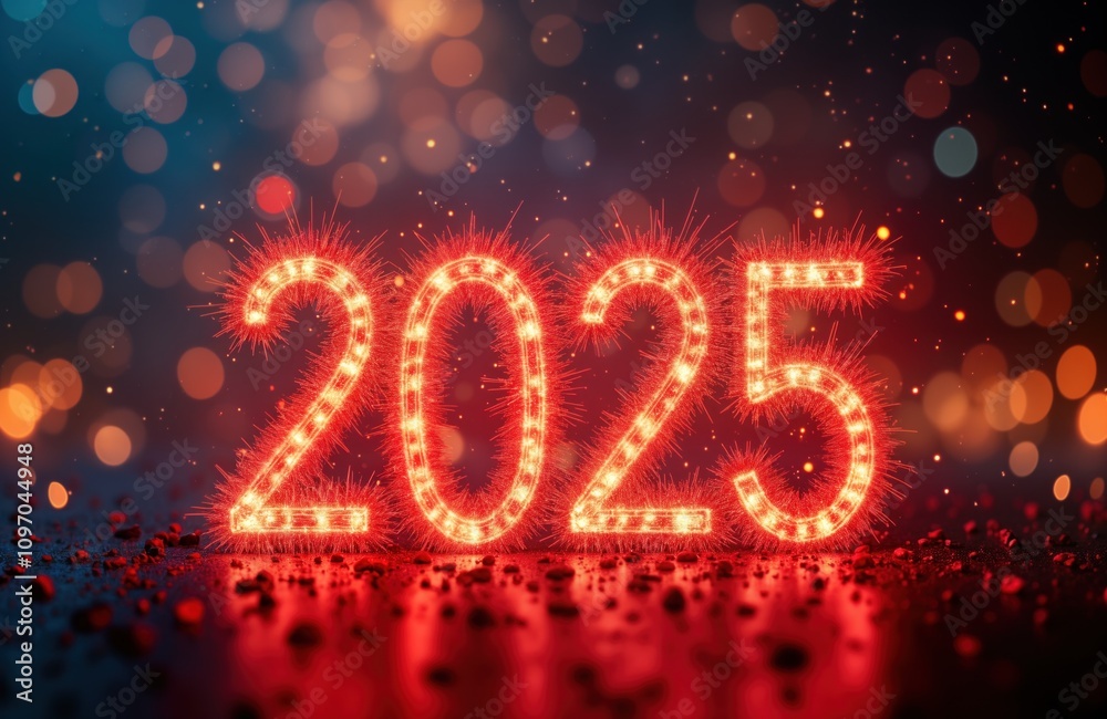 Glowing red 2025 New Year numbers. Fireworks explode. Festive holiday celebration. Christmas party. Happy New Year. Night time scene. Bright sparkles. Red light. Number 2025. Celebration event. Glowing red 2025 New Year numbers. Fireworks explode. Festive holiday celebration. Christmas party. Happy New Year. Night time scene. Bright sparkles. Red light. Number 2025. Celebration event.