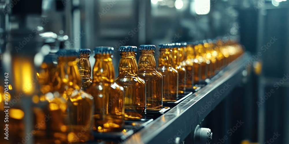 Amber Glass Bottles Moving On Conveyor Belt Amber Glass Bottles Moving On Conveyor Belt