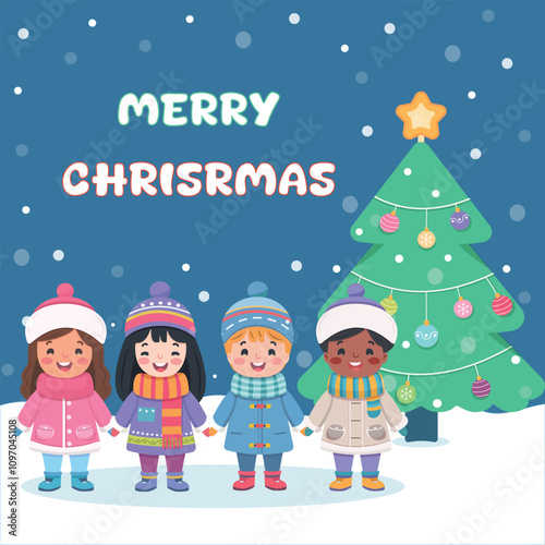Merry Christmas concept. Cute and friendly multinational children holding hands and Christmas tree under snow. Poster, Banner, Flyer, Greeting Card. Vector illustration in flat cartoon style