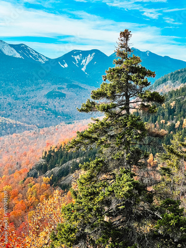 Fall hike in Adirondack mountains, New York, Pine trees and the mountains photo