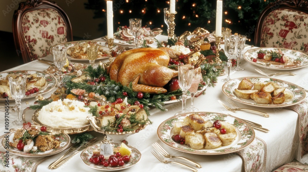 A festive dining table adorned with a turkey centerpiece and various holiday dishes. A festive dining table adorned with a turkey centerpiece and various holiday dishes.