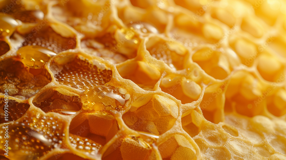 Close-up of honeycomb filled with golden honey Close-up of honeycomb filled with golden honey