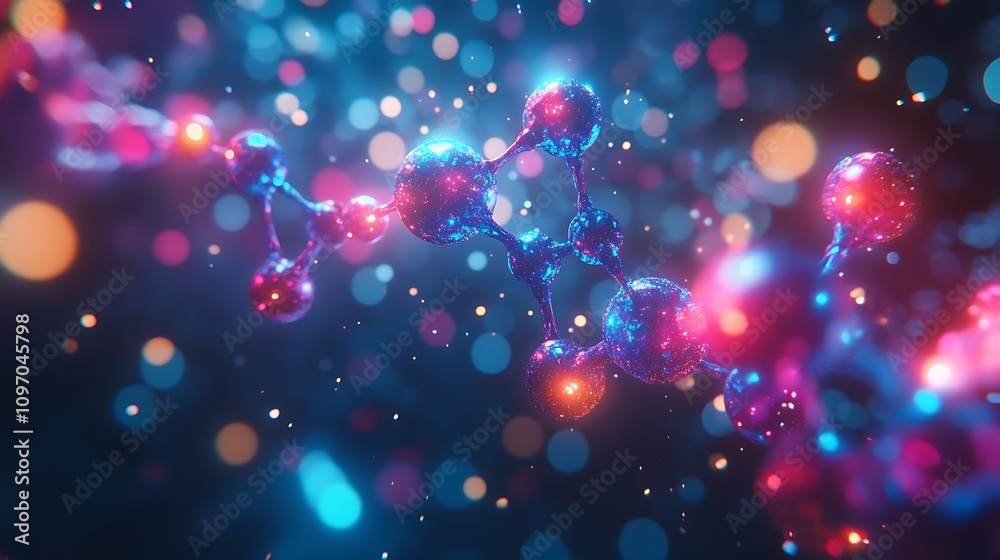 Scientific research represented by vibrant molecular bonds in blue and red Scientific research represented by vibrant molecular bonds in blue and red