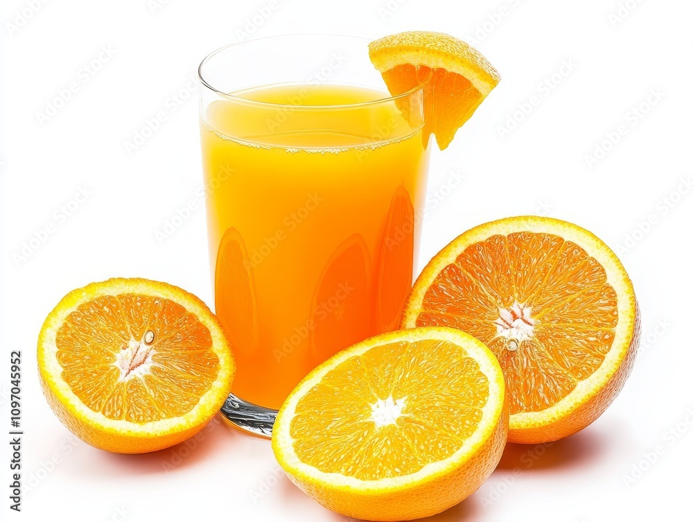 Full glass of fresh orange juice surrounded by halved grapefruits and orange slices on a white background Full glass of fresh orange juice surrounded by halved grapefruits and orange slices on a white background