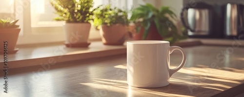 White Mug Sits On Wooden Surface In Sunlight