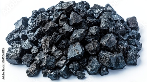 A pile of dark, shiny mineral chunks, likely representing coal or a similar substance.