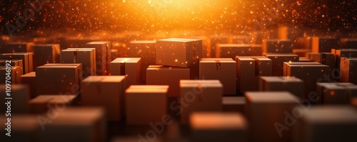 Abstract 3D rendering of stacked cardboard boxes in golden light with glowing particles. Logistics and delivery concept with dramatic lighting and depth. 8k ecommerce concept banner background