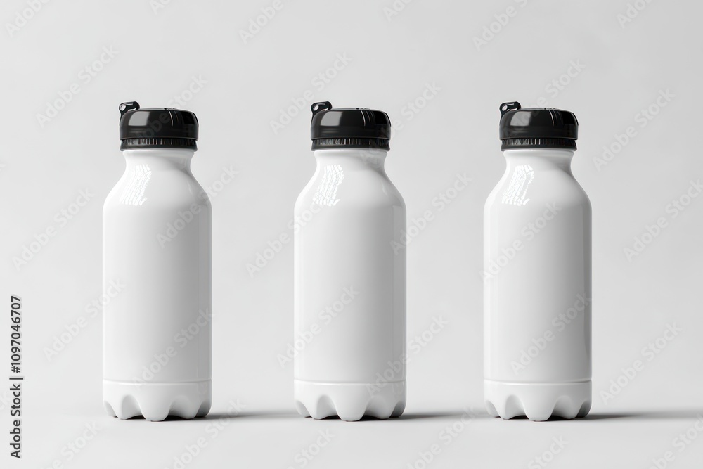 Three White Bottles With Black Lids Arranged in a Row Three White Bottles With Black Lids Arranged in a Row