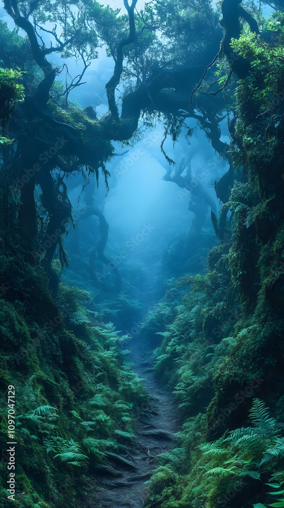 Mysterious forest path shrouded in mist and lush greenery.