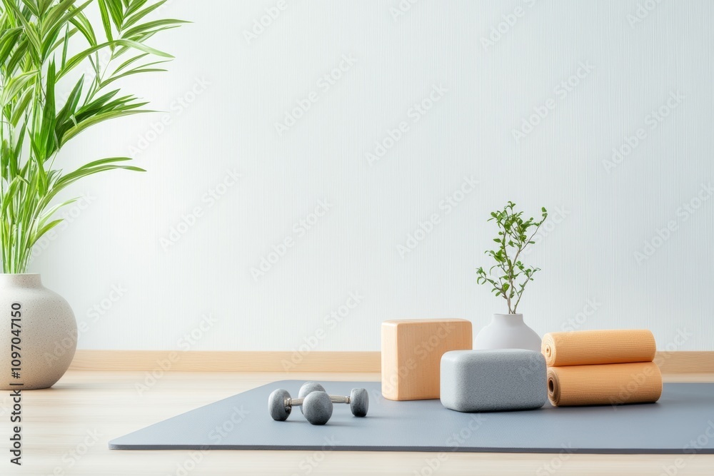 Yoga block, pink dumbbells, and a potted aloe plant placed on a yoga mat, concept for wellness, fitness, or home exercise setups, with copy space Yoga block, pink dumbbells, and a potted aloe plant placed on a yoga mat, concept for wellness, fitness, or home exercise setups, with copy space