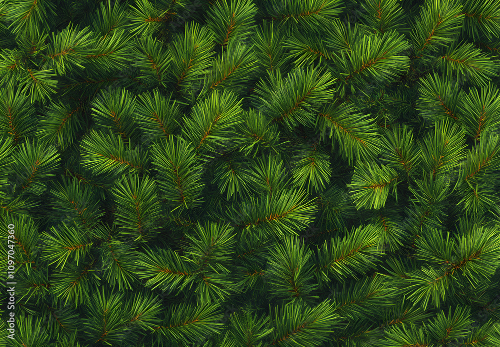 Green pine tree branches in close - up. Natural evergreen wallpaper for Christmas and New Year celebration.