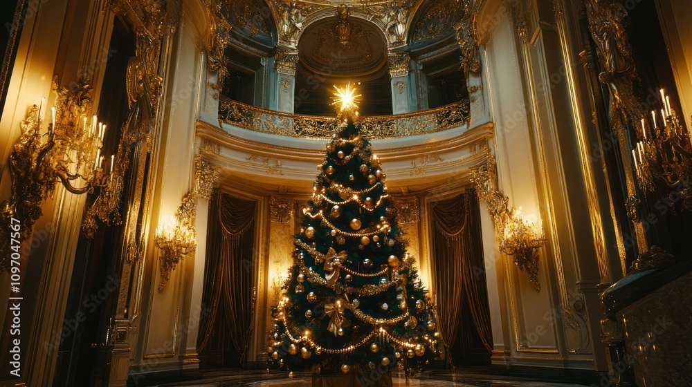 Obraz premium A beautifully decorated Christmas tree in an opulent, golden-hued interior.