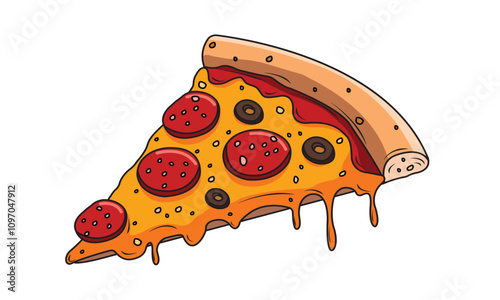 vector Delicious pizza slice with pepperoni and olives, melting cheese