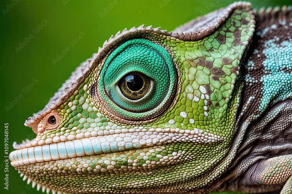Fototapeta premium Closeup Detail of a Fern Green Chameleon Eye in Wildlife Photography