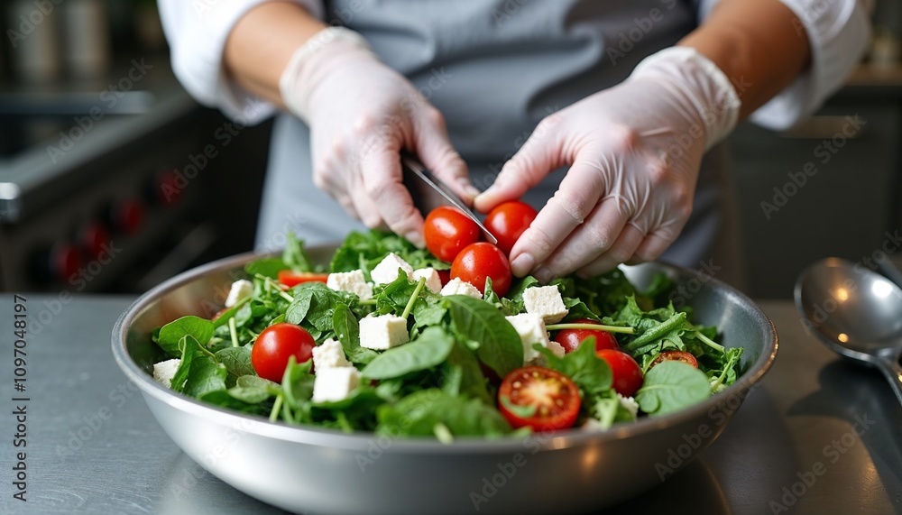 Chef preparing a fresh salad with cherry tomatoes and spinach in a professional kitchen setting Chef preparing a fresh salad with cherry tomatoes and spinach in a professional kitchen setting