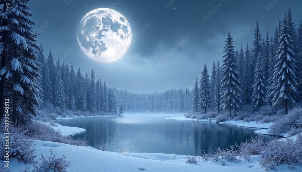 Moonlit winter landscape with snowy trees, a frozen river, and a full moon shining brightly in the night sky Moonlit winter landscape with snowy trees, a frozen river, and a full moon shining brightly in the night sky