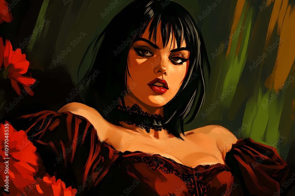 Close-up of a gothic teenage girl with sharp features, wearing bold jewelry, set against a textured dark background Close-up of a gothic teenage girl with sharp features, wearing bold jewelry, set against a textured dark background