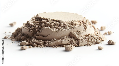 A mound of beige powder, possibly a food ingredient or supplement, on a white background.
