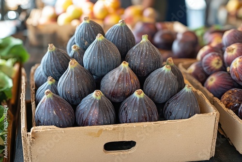 fresh organic black mission figs artistically arranged for cooking and snacking at a bustling farmers market, showcasing the natural beauty and health benefits of seasonal produce photo