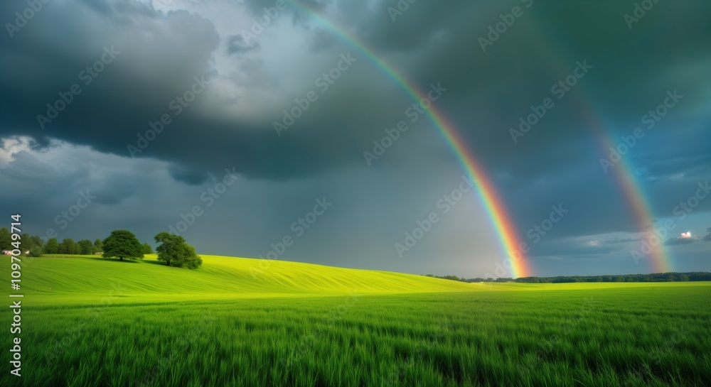 Double rainbow over green farm field after rain. Dramatic sky cloudscape. British countryside landscape. Spring season nature scene. Rural farmland growth. Organic farming. Beautiful weather. Double rainbow over green farm field after rain. Dramatic sky cloudscape. British countryside landscape. Spring season nature scene. Rural farmland growth. Organic farming. Beautiful weather.