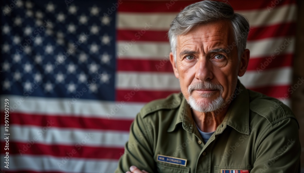 Veteran portrait. Senior man army officer. Grey haired male US soldier. American flag background. Military person. Armed forces. Patriotic theme. Remembrance Day. Veterans Day. Memorial Day. Veteran portrait. Senior man army officer. Grey haired male US soldier. American flag background. Military person. Armed forces. Patriotic theme. Remembrance Day. Veterans Day. Memorial Day.