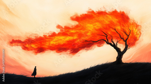 An illustration of Moses looking at the burning bush․