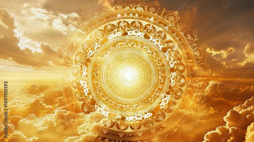 Golden celestial mandala shines brightly amidst a radiant sunrise sky