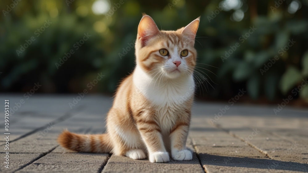 Naklejka premium Adorable ginger and white kitten sitting outdoors on a patio.