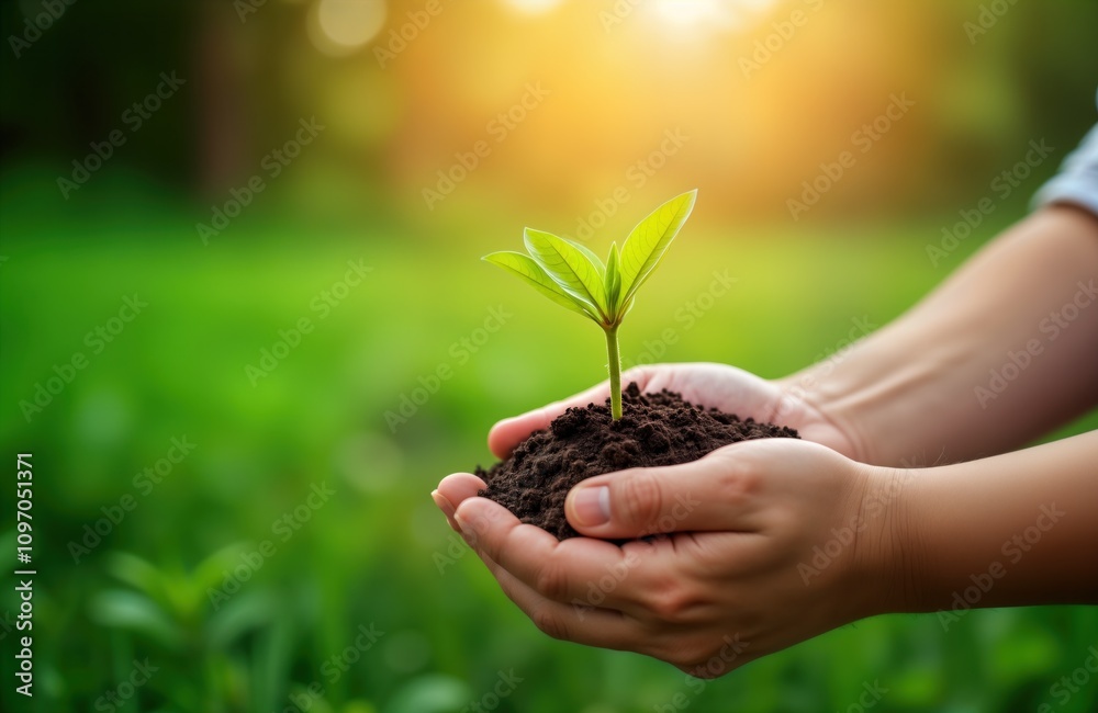 Hands hold young plant sapling. Green sprout grows in soil. Eco earth day concept. Nature background. Childrens hands protect life. Global warming solution. Plant growth. Agriculture. Gardening. Hands hold young plant sapling. Green sprout grows in soil. Eco earth day concept. Nature background. Childrens hands protect life. Global warming solution. Plant growth. Agriculture. Gardening.