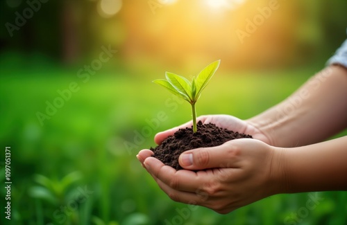 Hands hold young plant sapling. Green sprout grows in soil. Eco earth day concept. Nature background. Childrens hands protect life. Global warming solution. Plant growth. Agriculture. Gardening. photo