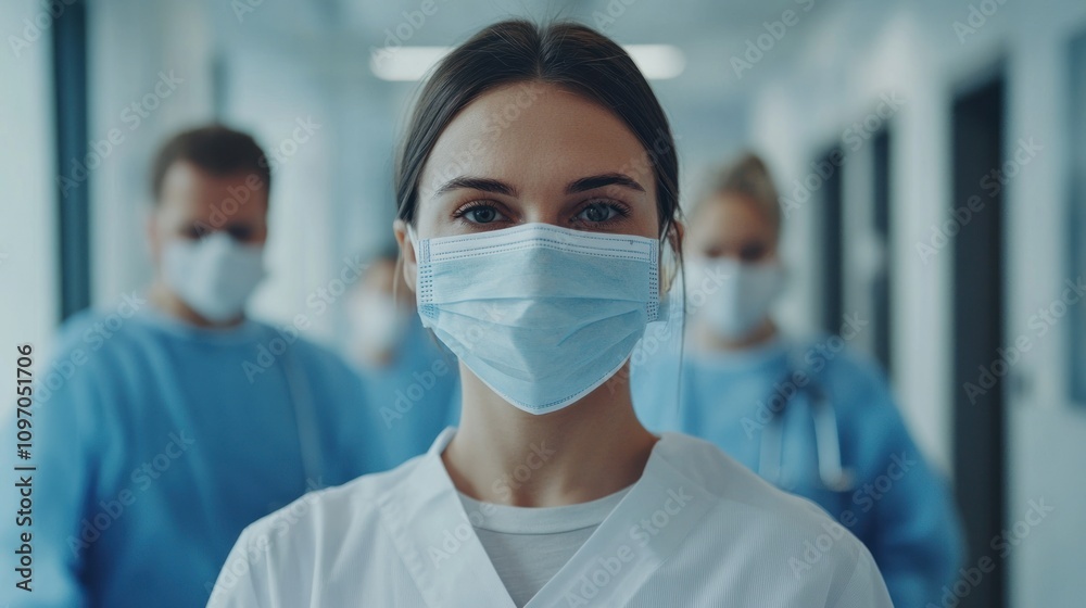 A female doctor with a face mask stands in a hospital hallway with other medical professionals behind her. A female doctor with a face mask stands in a hospital hallway with other medical professionals behind her.