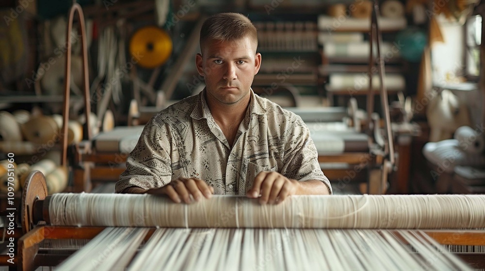 Obraz premium A man focuses on weaving threads at a loom in a bustling textile workshop filled with materials