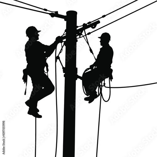 a black silhouette of two men working on a power pole. They are both wearing hard hats and are attached to the pole with ropes and harnesses