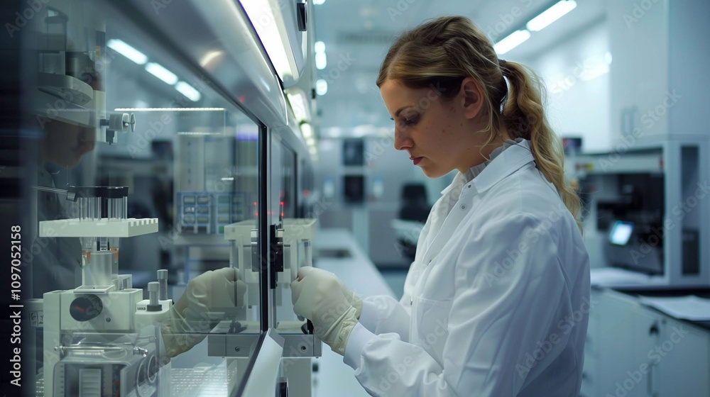 A scientist conducts experiments in a tech lab using advanced instruments for analysis A scientist conducts experiments in a tech lab using advanced instruments for analysis