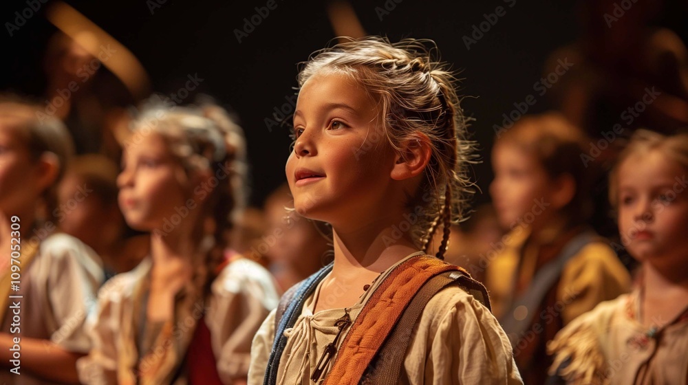 Fototapeta premium Young children gather on stage, proudly receiving medals for their achievements in a ceremony