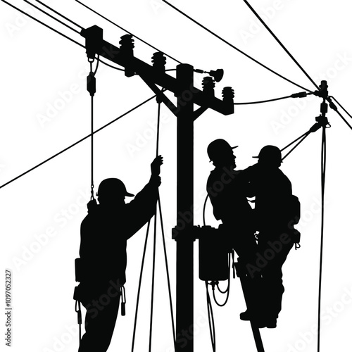 a black silhouette of two men working on a power pole. They are both wearing hard hats and are attached to the pole with ropes and harnesses
