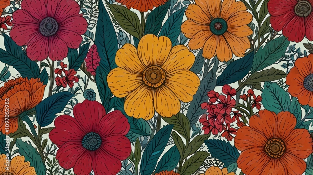 Vibrant floral pattern with diverse blooms and foliage. Vibrant floral pattern with diverse blooms and foliage.