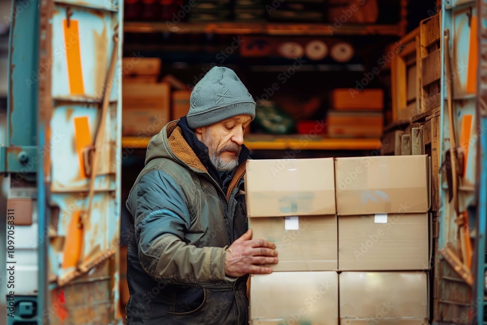 A delivery worker is seen unloading cardboard boxes from the back of a truck A delivery worker is seen unloading cardboard boxes from the back of a truck