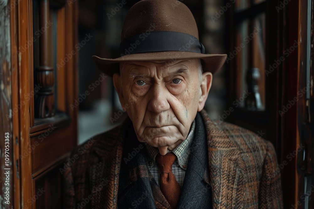 Grandfather in a suit stands at the doorway, his serious gaze showing wisdom Grandfather in a suit stands at the doorway, his serious gaze showing wisdom