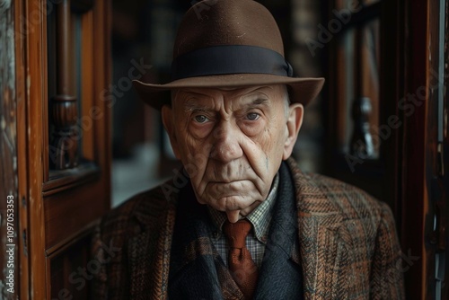 Grandfather in a suit stands at the doorway, his serious gaze showing wisdom