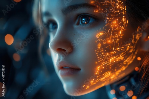 futuristic portrayal of a girl embodying artificial intelligence, surrounded by glowing tech elements and data streams, showcasing innovation and advanced technology